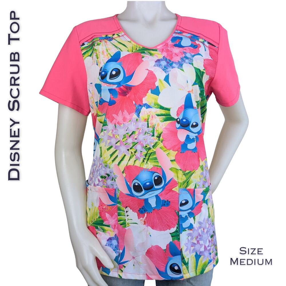 Disney Lilo & Stitch Scrub Top Womens Medium Pink Blue Tropical Floral Nurse
